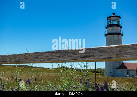 The Highland Light at Truro on Cape Cod stands out against a clear bue sky. Stock Photo