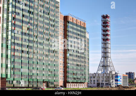 St. Petersburg, Russia - July 6, 2015: district heating plant chimney, modern industrial boiler, modular boiler house Stock Photo