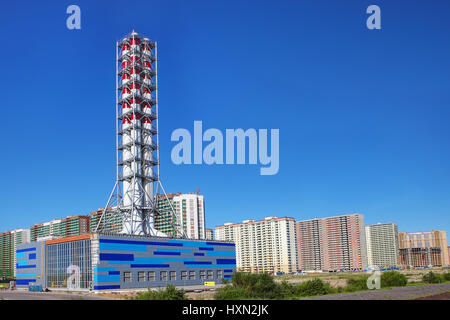 St. Petersburg, Russia - July 6, 2015: district heating plant chimney, Contemporary gas boiler room in a residential area of the city, modular boiler  Stock Photo