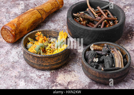 pestle and three mortar with herbs comfrey, inonotus obliquus and calendula Stock Photo