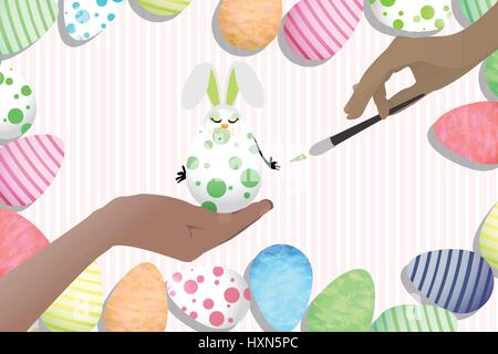 Easter cute illustration for your design. Easter egg - rabbit sleeping green on a striped background. Artist paint with a brush. Stock Vector