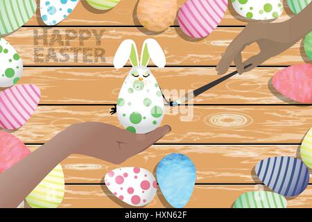 Easter beautiful illustration. Easter egg - a rabbit paints the eyes or sleeps. Artist paint with a brush. Stock Vector