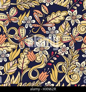 Summer seamless pattern. Leaves, butterflies, dragonflies Stock Vector