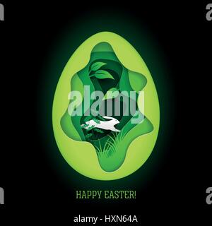 Happy Easter greeting card. Paper art style vector illustration. Elements are layered separately in vector file. Stock Vector
