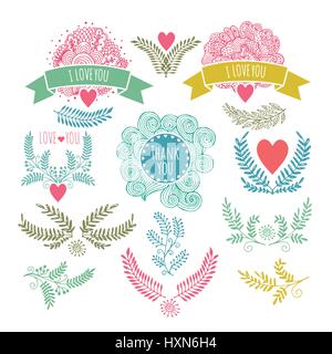 FramesHand drawing. set of vintage design elements. Twigs, hearts, invitations Stock Vector