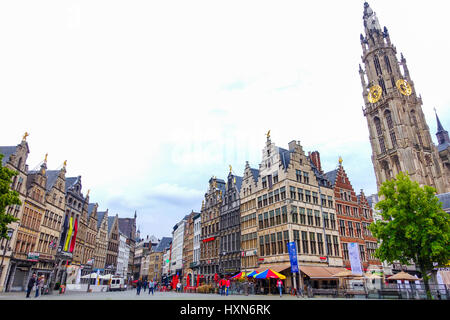 Antwerp, Belgium-June 13, 2016: Beautiful historical buildings and the Cathedral of Our Lady in the old town of Antwerp Stock Photo