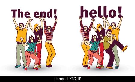 The end and hello sign team group business people isolate. Stock Vector