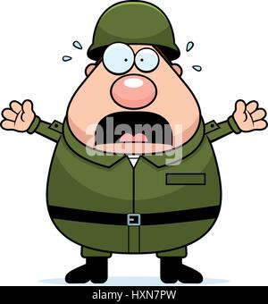 A cartoon illustration of an army soldier looking scared. Stock Vector