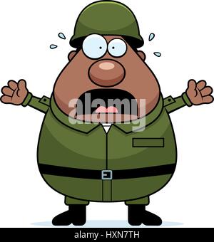 A cartoon illustration of an army soldier looking scared. Stock Vector