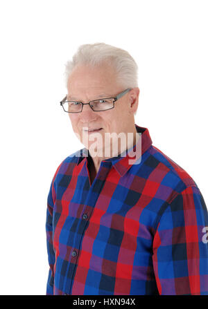 A closeup image of a white hair senior man in a checkered shirt and  glasses in profile, isolated for white background. Stock Photo