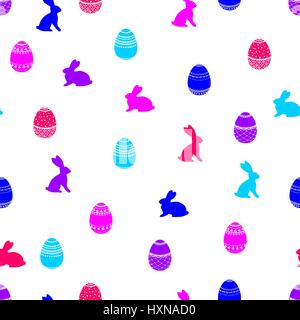 Seamless bright pattern of decorated eggs and silhouettes of rabbits isolated on white. Happy easter vector background. Stock Vector