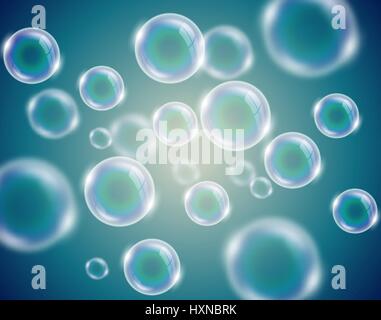 Transparent soap bubbles blue background with defocused elements. Stock Vector