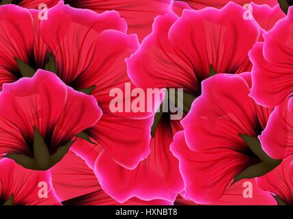 Floral seamless pattern with red flower and pink petal. Bright vivid color repeating passion background. Wrapping paper or cloth design. Stock Vector