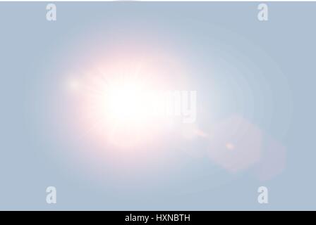 Vector transparent bright day sunlight lens flare with hexagon elements on light blue background. Sunrice or sunset, star burst. Stock Vector