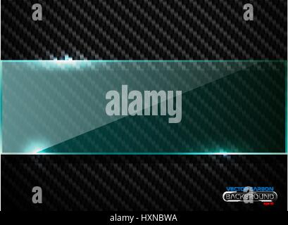 Vector black carbon fiber background with horizontal line green transparent glass plate banner. Industrial elegant design illustration. Stock Vector