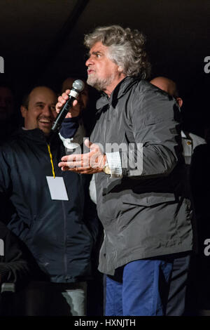 Italian politician, leader of Five Star Movement, Beppe Grillo is speaking during a political rally. Stock Photo