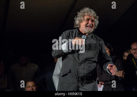Italian politician, leader of Five Star Movement, Beppe Grillo is speaking during a political rally. Stock Photo