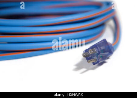 Blue electric extension cord isolated on white background. Stock Photo