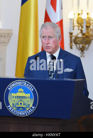 The Prince of Wales gives a speech of thanks after receiving the Order of the Star of Romania The Grand Cross from President of Romania Klaus Iohannis at the Palace of the Parliament in Bucharest, Romania, where he begins a nine-day visit to Europe as Theresa May triggers the start of the UK's formal withdrawal from the EU.