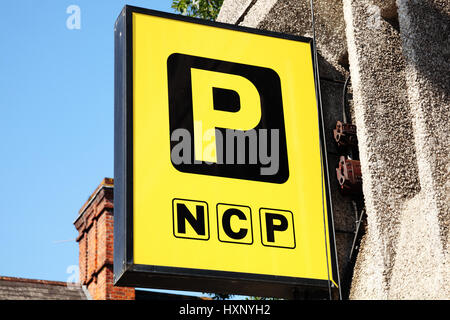 Cardiff, United Kingdom, September 14, 2016 : NCP  logo advertising sign outside one of it's car parks in Westgate Street Stock Photo