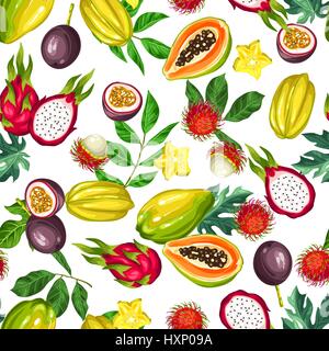 Seamless pattern with exotic tropical fruits. Illustration of asian plants Stock Vector