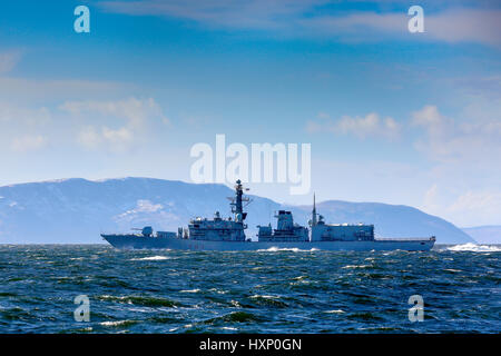 HMS St Albans, Type 23 Frigate, of the Royal Navy, on exercises in The Firth of Clyde, off the Isle of Arran, Scotland, UK Stock Photo