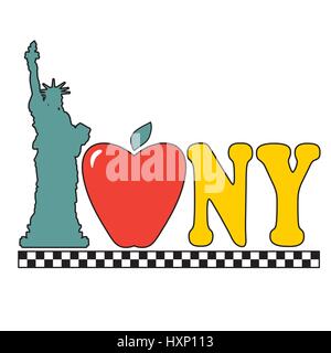 A graphic with the Statue of Liberty an apple and the New York City taxi checkers pattern Stock Vector