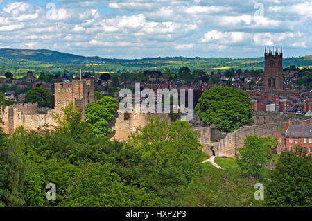 View across the rural Shropshire town of Ludlow, showing both the castle and the church of St Laurence Stock Photo