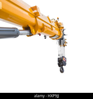 Yellow crane boom with hooks isolated on a white background with clipping paths Stock Photo