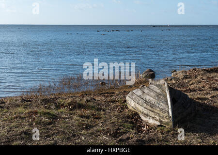 Abandoned old wooden rowing boat by the coast at spring season Stock Photo