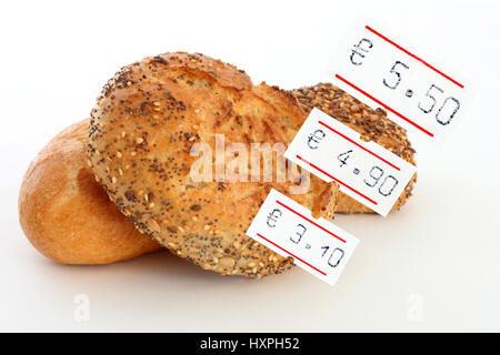 Bread rolls with price tags, Brötchen mit Preisschildern Stock Photo