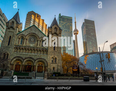Panoramic view of St Andrew's Presbyterian Church and CN Tower - Toronto, Ontario, Canada Stock Photo