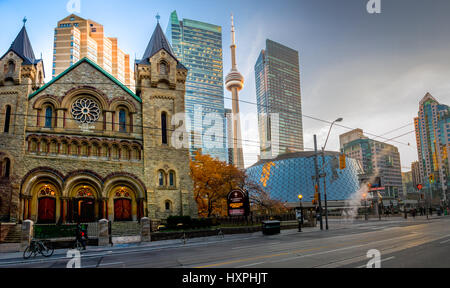 Panoramic view of St Andrew's Presbyterian Church and CN Tower - Toronto, Ontario, Canada Stock Photo