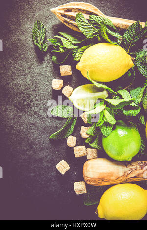 Homemade lemonade ingredients food border background, overhead view Stock Photo