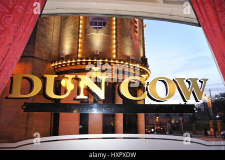 The Sunderland Empire Theatre through The Dun Cow Pub window, High Street, Sunderland, Tyne and Wear, England, United Kingdom Stock Photo