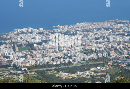 Kyrenia, (Girne) in Northern Cyprus viewed from near St Hilarion Castle. Stock Photo