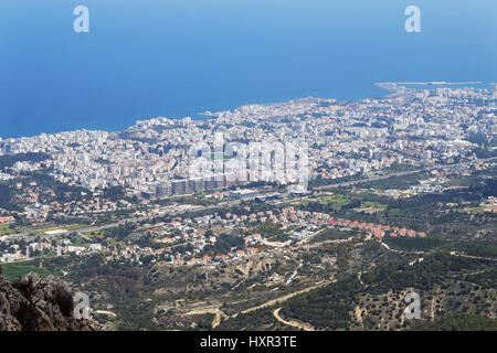 Kyrenia, (Girne) in Northern Cyprus viewed from near St Hilarion Castle. Stock Photo