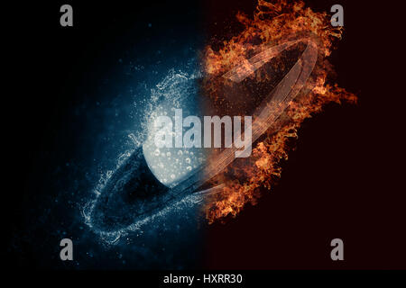 Planet Saturn in water and fire. Concept sci-fi artwork. Stock Photo