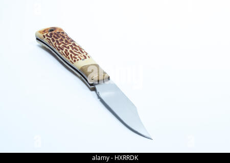 Vintage pocketknife with horn handle and brass guard - white background Stock Photo