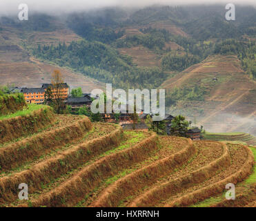 Yao Village Dazhai, Longsheng, near the town of Guilin, Guangxi Province, China - April 5, 2010: Hillside rice terraces, rice fields in the highlands  Stock Photo