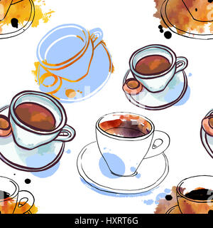 A seamless pattern of freehand watercolour drawings of coffee cups with textures Stock Photo