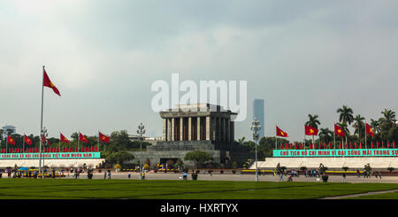 Ho Chi Minh's mausoleum in Hanoi. The embalmed body of Ho Chi Minh is preserved in the cooled, central hall of the mausoleum, which is protected by a  Stock Photo