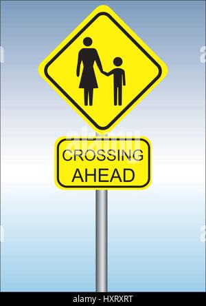 a yellow sign for crossing the road on a blue background Stock Vector