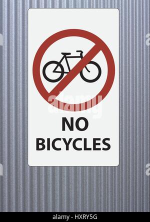 a no bicycles sign on  tin fence Stock Vector