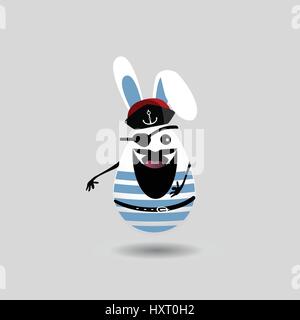 Easter cartoon illustration. A sweet egg - a rabbit captain is a man s beard, a mustache and a blindfold. For your design on light isolated background Stock Vector