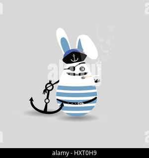 Easter cartoon illustration. Cute egg - rabbit captain man in arm anchor and eye patch. For your design on light isolated background Stock Vector