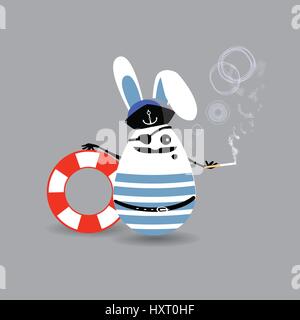Easter cartoon illustration. A sweet egg - a rabbit captain is a man in his hand a life ring and a cigar. For your design on light isolated background Stock Vector