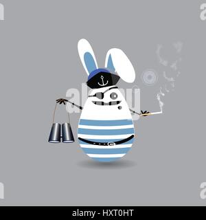 Easter cartoon illustration. Cute egg - rabbit captain man in the hand binoculars. For your design on light isolated background Stock Vector