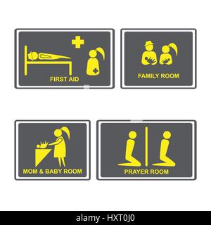 First aid Signs.First aid room on Signboards.Family room,prayer room,Mom and baby room on Signboards.People icons set.Vector illustration Stock Vector