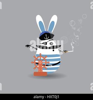 Easter cartoon illustration. A sweet egg - a rabbit captain is a man in a cigar s hand and a ship s rudder. For your design on light isolated backgrou Stock Vector